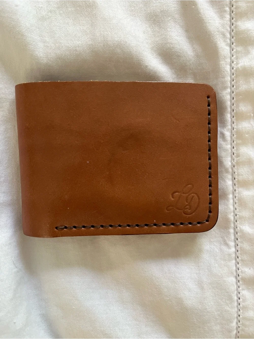 Hand-stitched Tan Leather Money Clip Wallet with Subtle Monogram